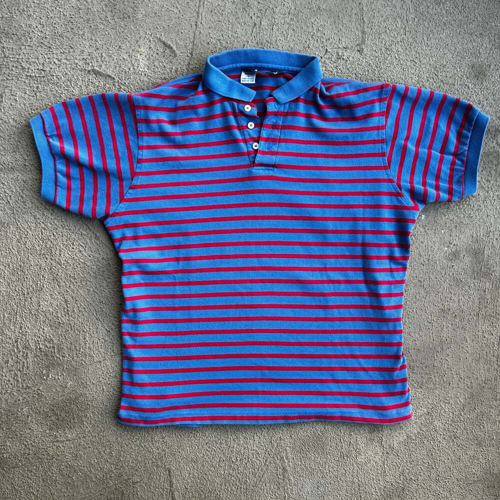 Vintage Lands' End 100% Cotton Striped Polo Shirt Blue and Red USA Made